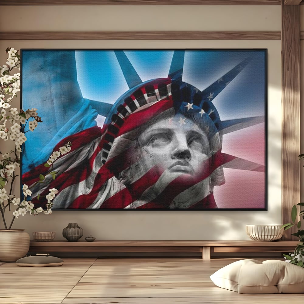 Tablou canvas cu statuia libertatii suprapusa cu steagul american, in rama de aluminiu negru